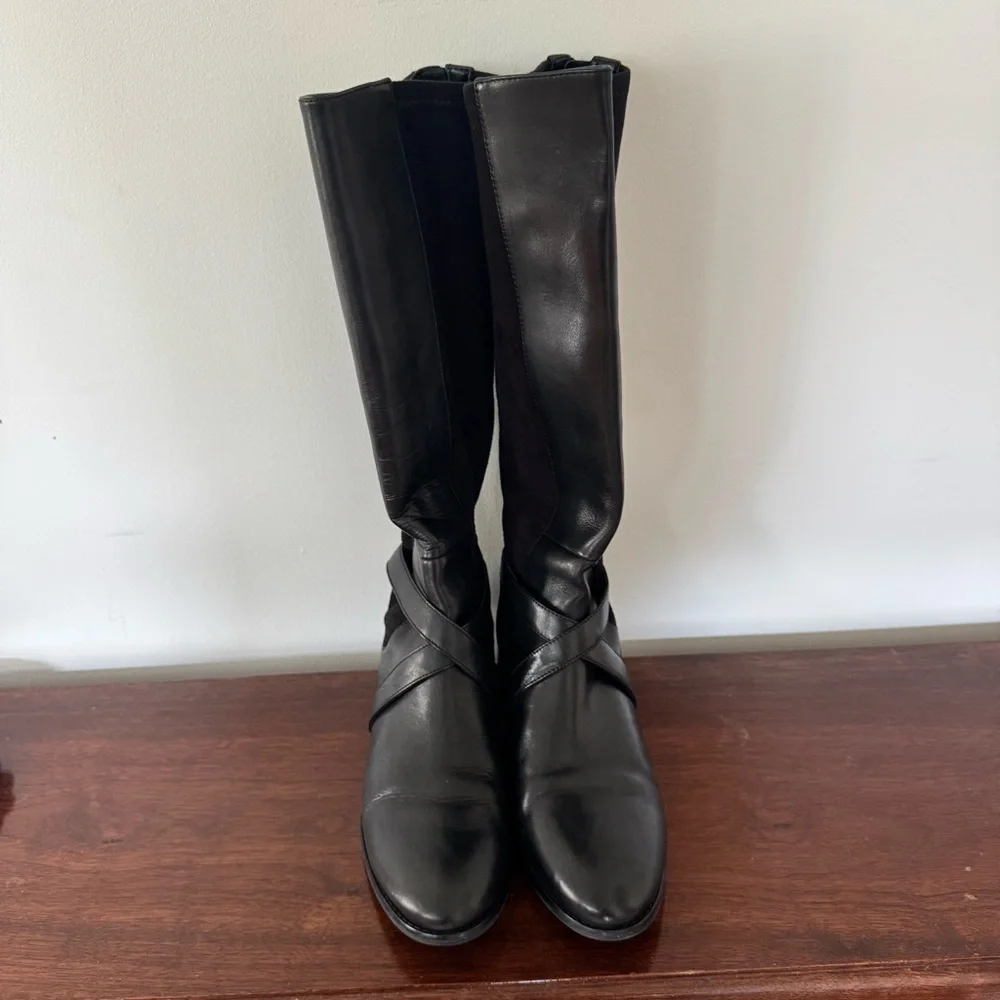 Cole Haan Parsonage Boot Tall Black Leather And Suede Women’s Size 8 Riding